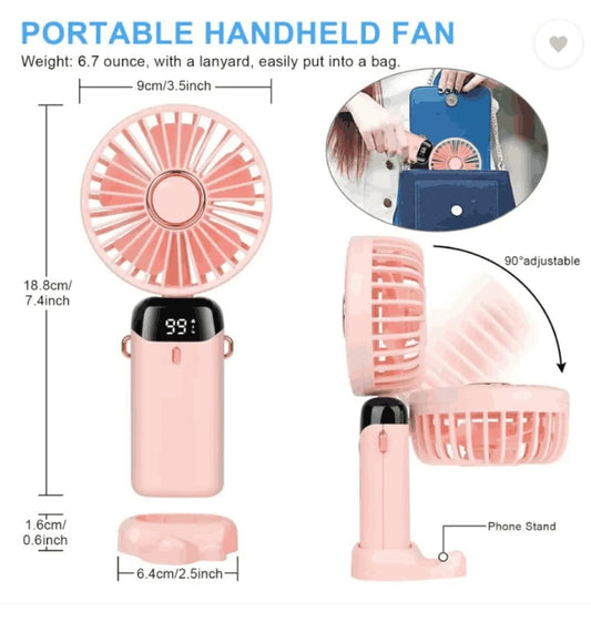 Portable Handheld Fan – Rechargeable Battery Fan with LED Display | Mini Personal Fan for Travel, Office & Home | 3-in-1 Foldable Cooling Fan